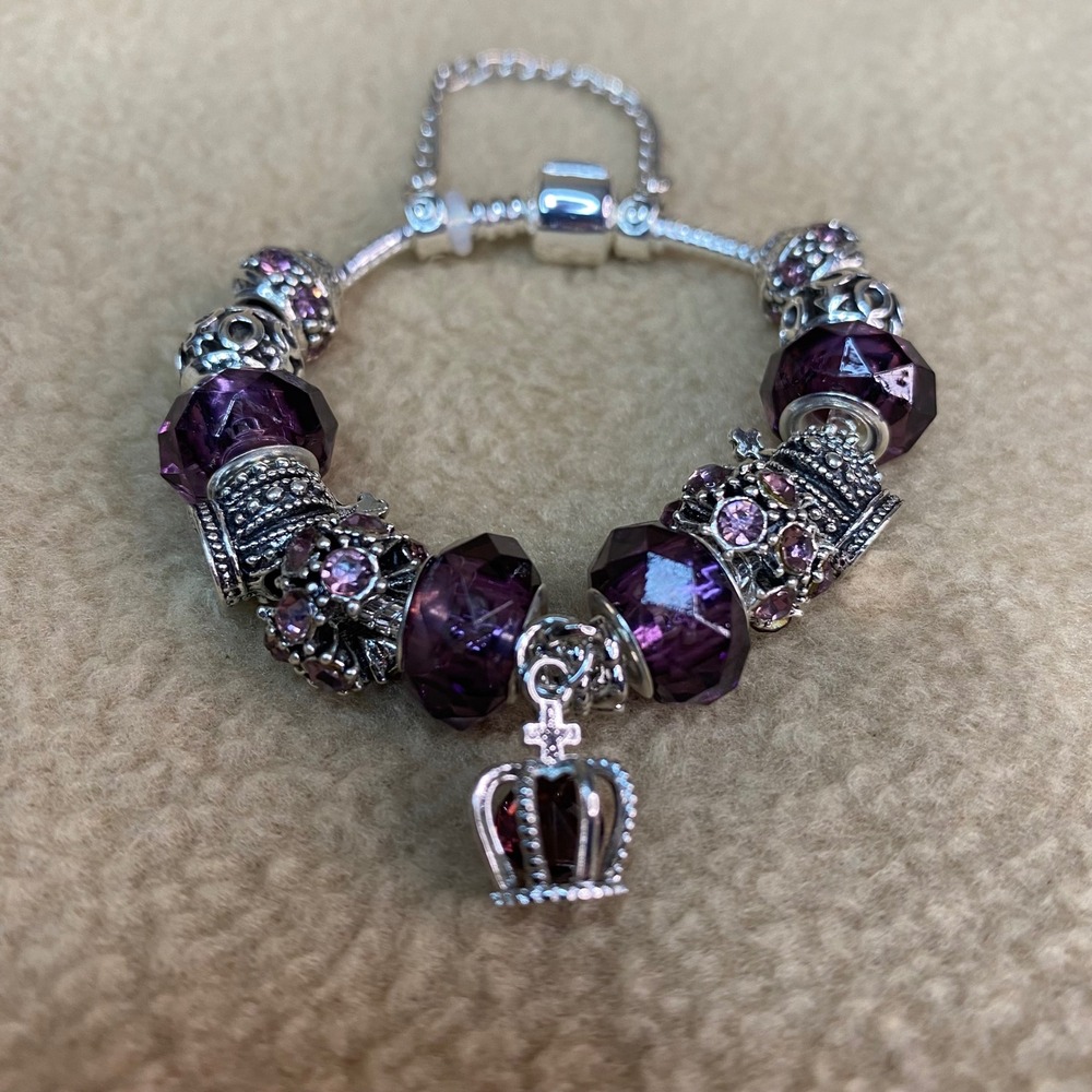 Purple Crown‎ Charm Bracelet Women Silver Tone Royal European Style 6.5 in New